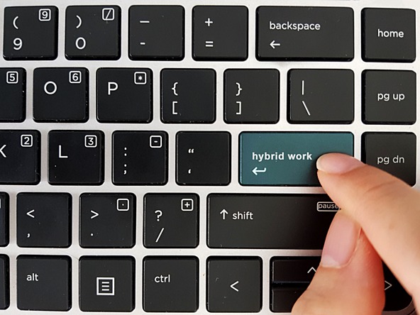 Keyboard showing someone pressing 'hybrid working' key